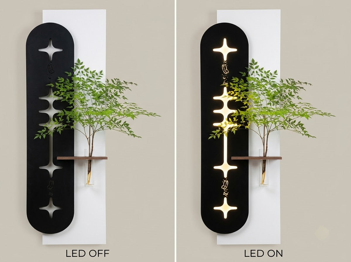 LED wall art Nandina shown with LED off and warm light on