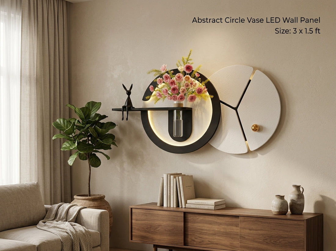 Minimalist wooden wall decor with warm LED lighting in a modern neutral living room