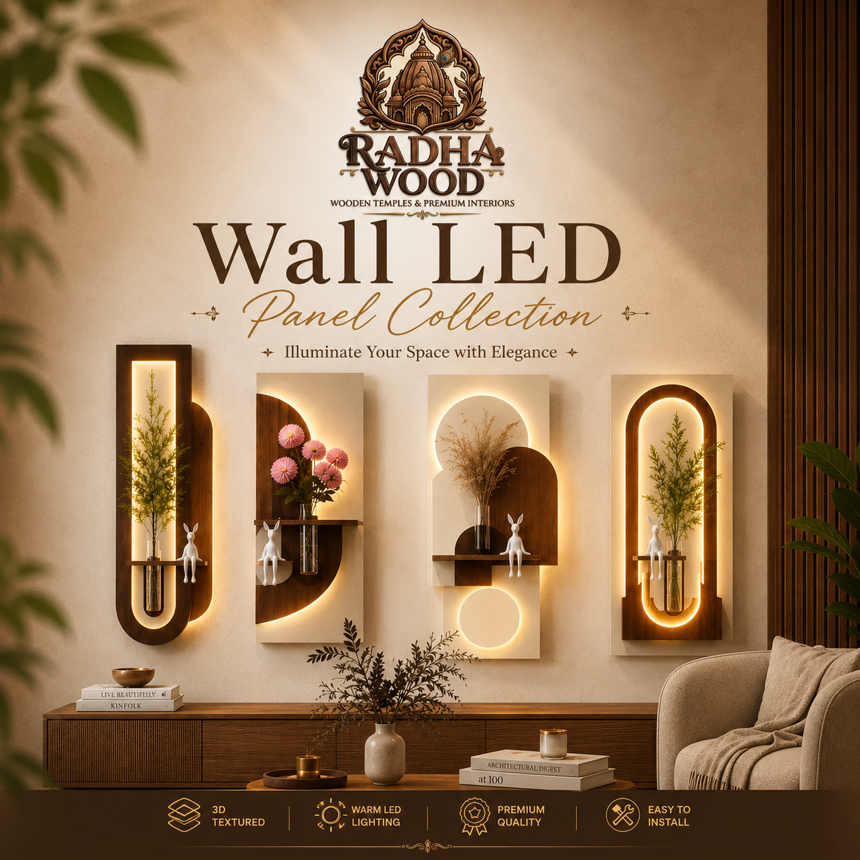 LED wall art for living room with handcrafted wooden panel and warm ambient lighting