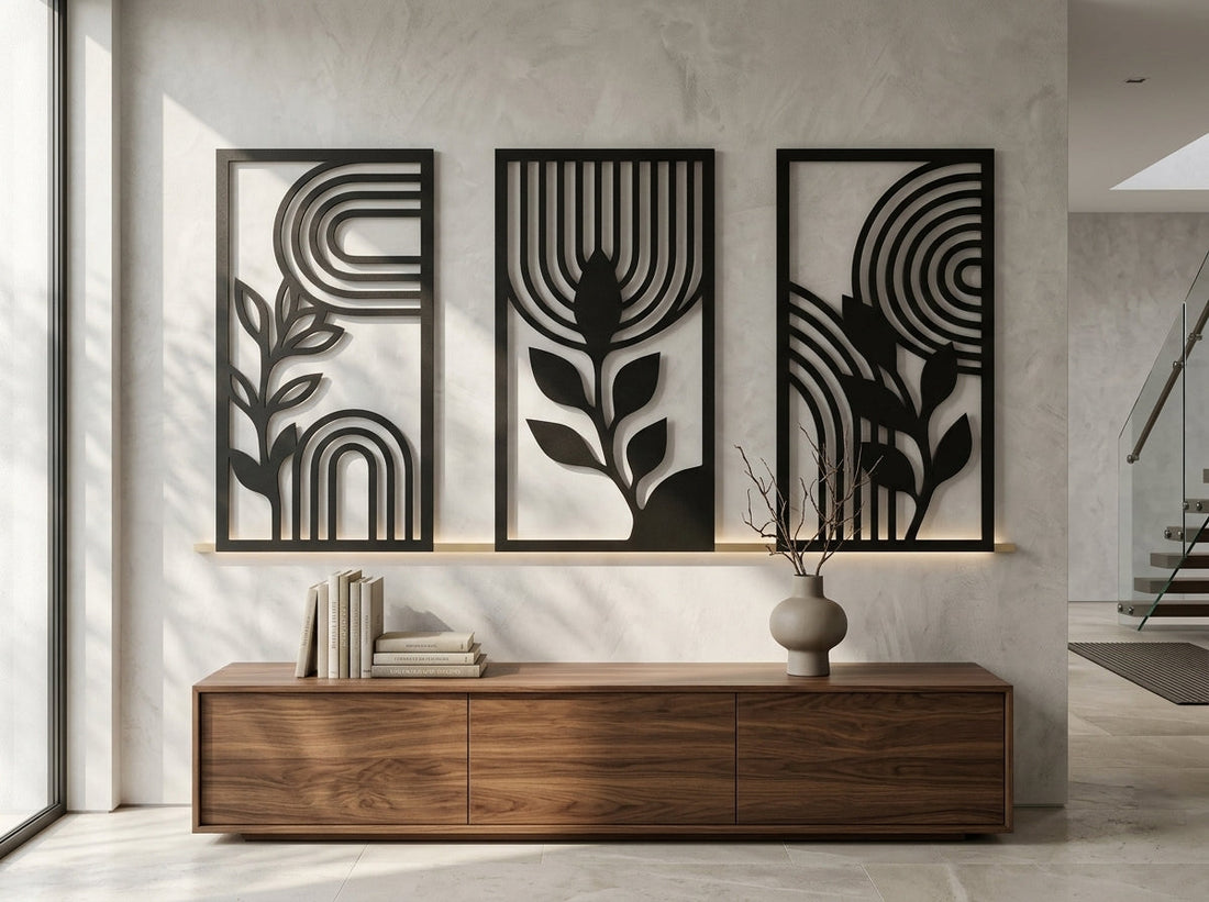 Wooden wall art panel beside metal wall art set, comparing materials for Indian home decor