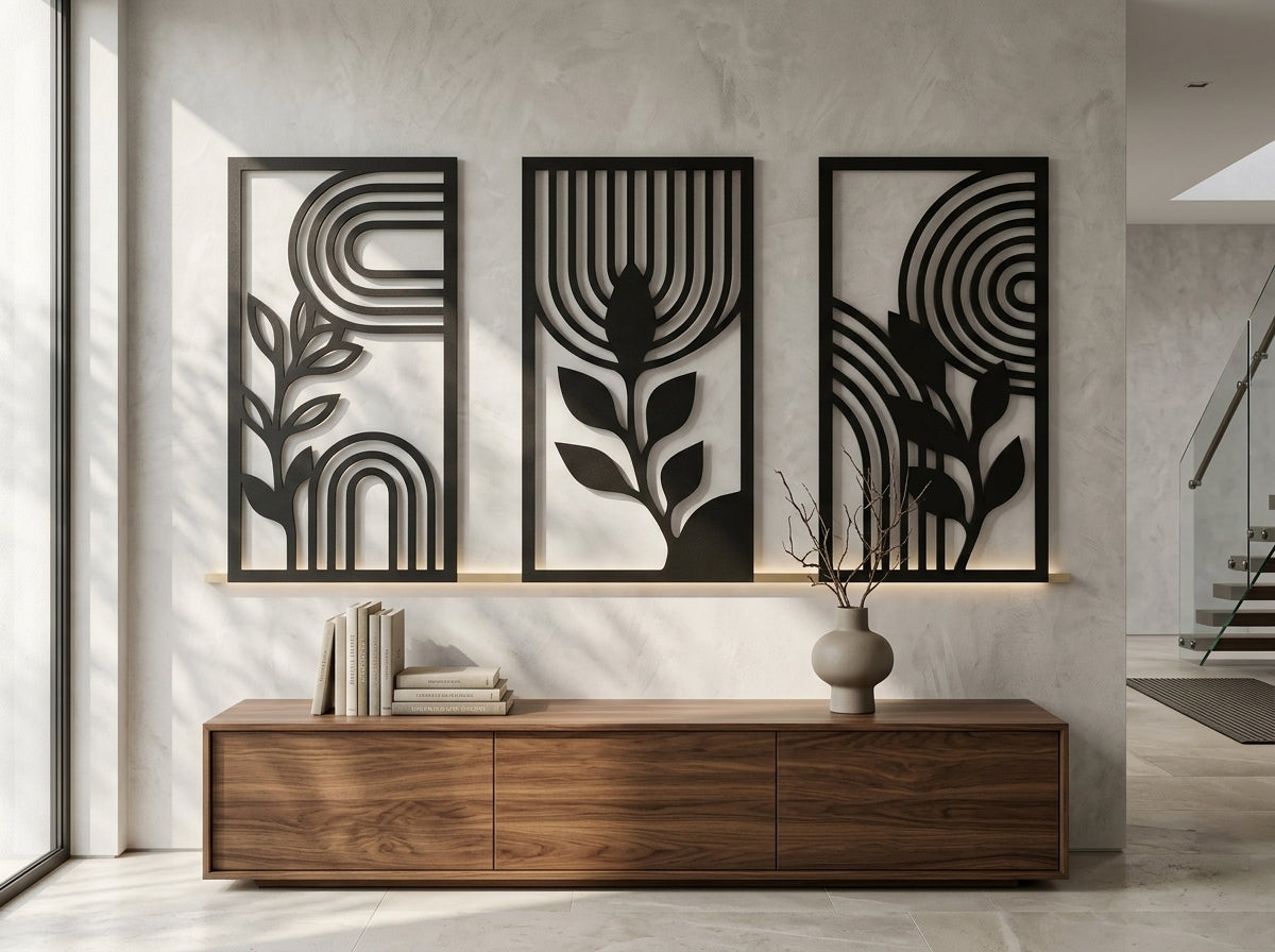 Wooden wall art panel beside metal wall art set, comparing materials for Indian home decor
