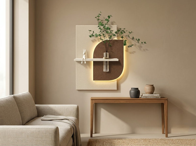 Wall decor ideas for living room featuring modern wooden LED wall art