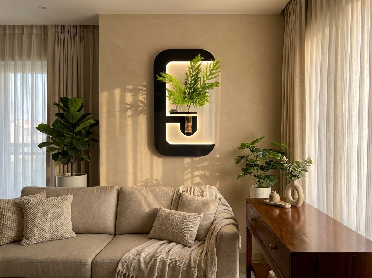 Coordinated wooden wall art panels arranged above a dining table