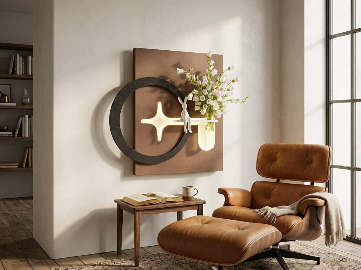 Wooden wall art decorating a staircase wall in a modern Indian home