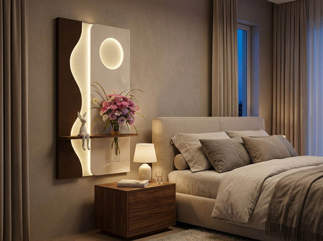 Wooden wall art with LED lights and shelf displayed in a modern Indian living room