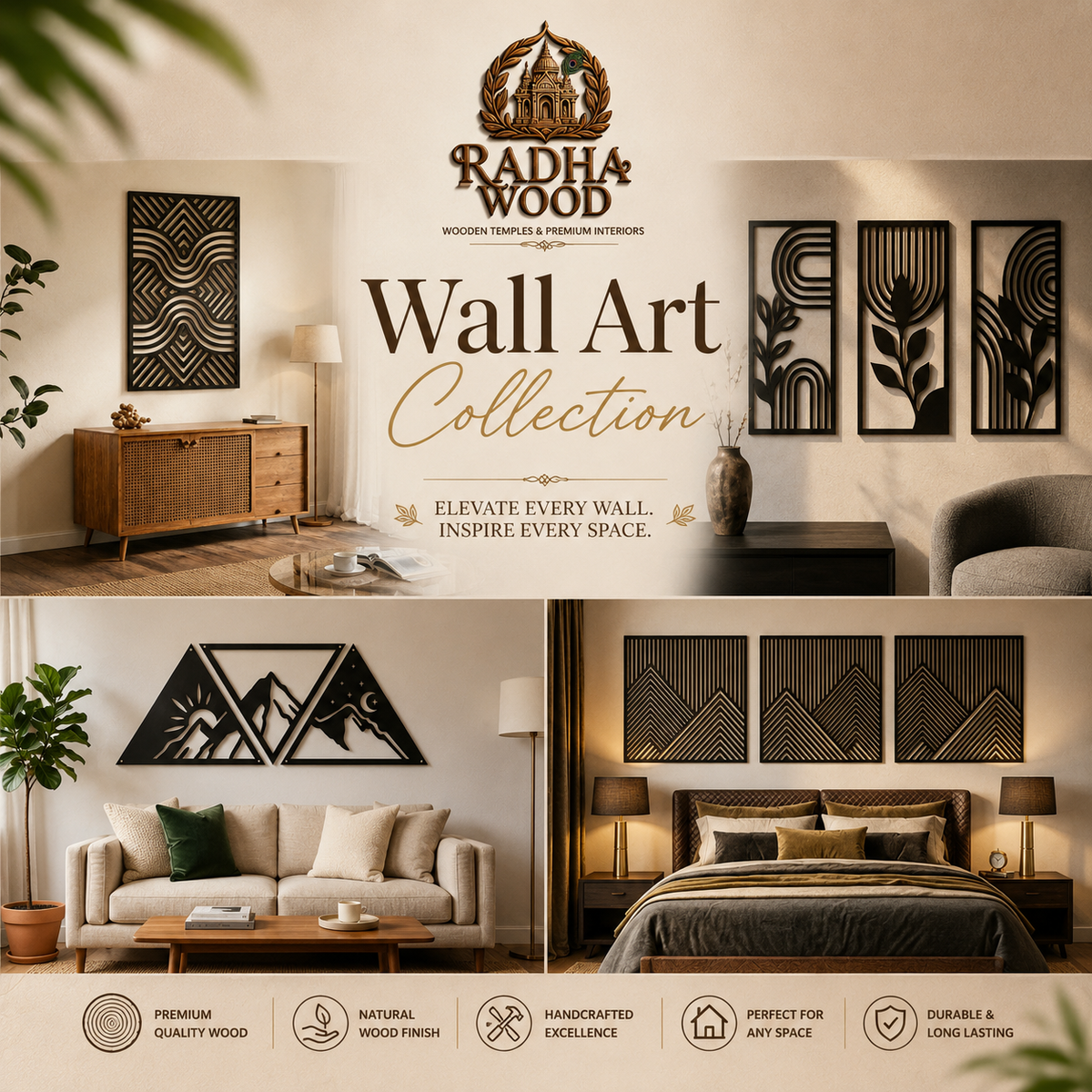 Modern Wall Art Collection by Radha Wood displayed in a luxurious contemporary living room with a warm neutral color palette