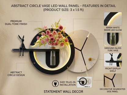 An infographic-style product detail image for an abstract circle vase LED wall panel. The central product shows a black circular frame with warm white LED lighting, a hanging glass vase with pink flowers, and a side shelf holding a black rabbit-shaped object.