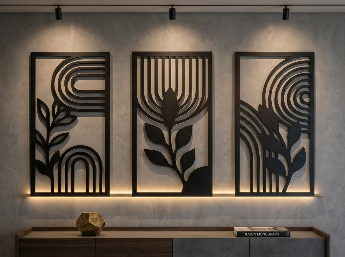 Abstract Botanical Wall Art Set of 3 | Metal Triptych | Radha Wood