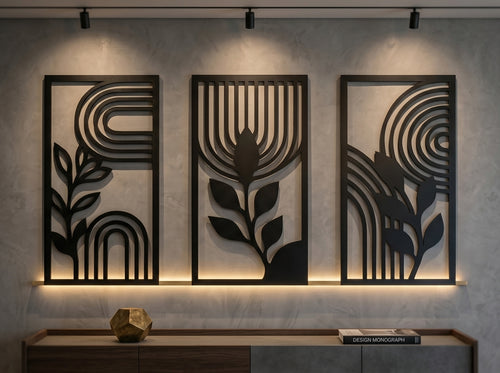 Abstract botanical metal wall art set of 3 panels – matte black geometric triptych by Radha Wood