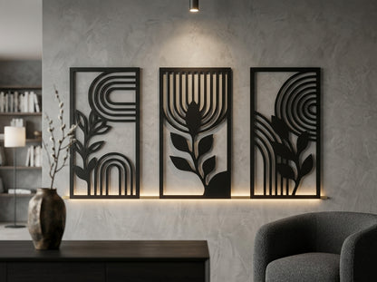 Metal wall art set of 3 panels in bright modern living room – abstract botanical wall decor India