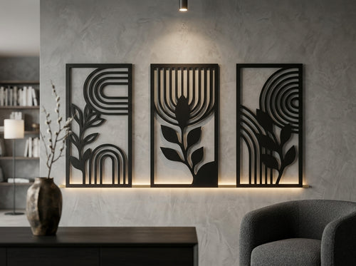 Metal wall art set of 3 panels in bright modern living room – abstract botanical wall decor India