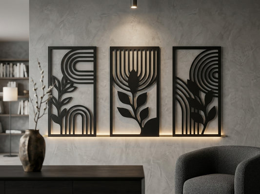 Metal wall art set of 3 panels in bright modern living room – abstract botanical wall decor India