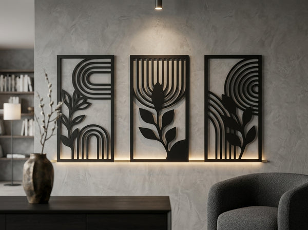 Metal wall art set of 3 panels in bright modern living room – abstract botanical wall decor India