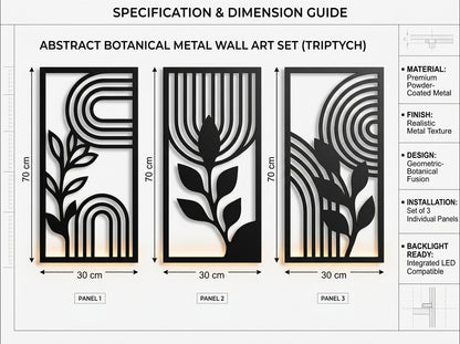 Wall art set of 3 mounted above sofa in warm modern living room – metal botanical triptych India