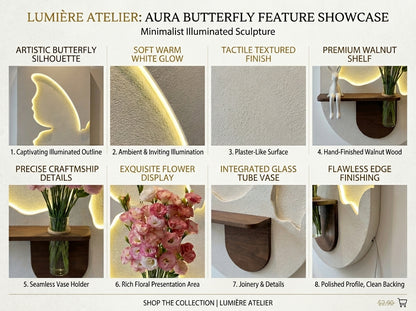 Lumérie Atelier Aura Butterfly feature showcase with text and images of the product.