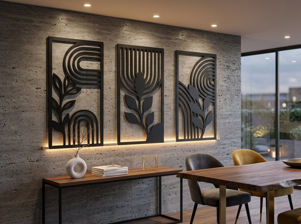 Abstract Botanical Wall Art Set of 3 | Metal Triptych | Radha Wood
