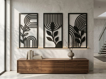 Wall art set of 3 dimension guide – each panel 30x70 cm, powder-coated metal, backlight-ready
