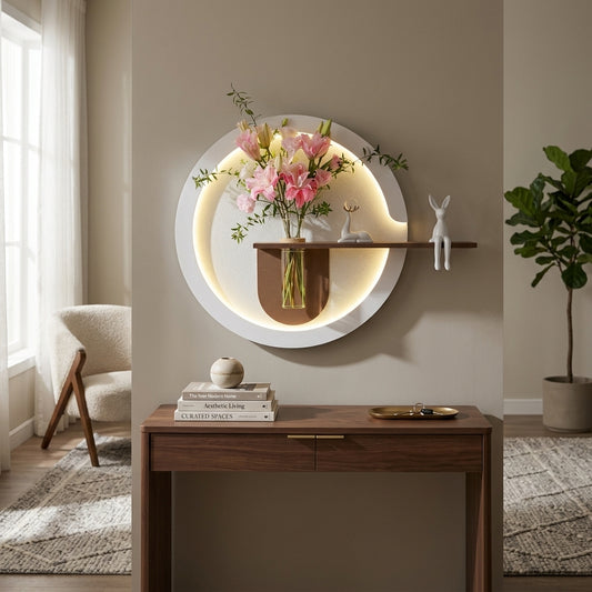 Modern LED wooden wall art with shelf and vase for living room decor