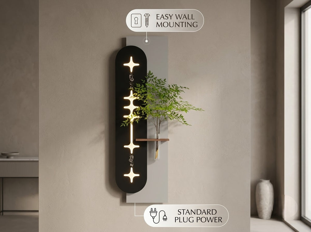 LED wall art Nandina with wooden shelf and clear glass vase