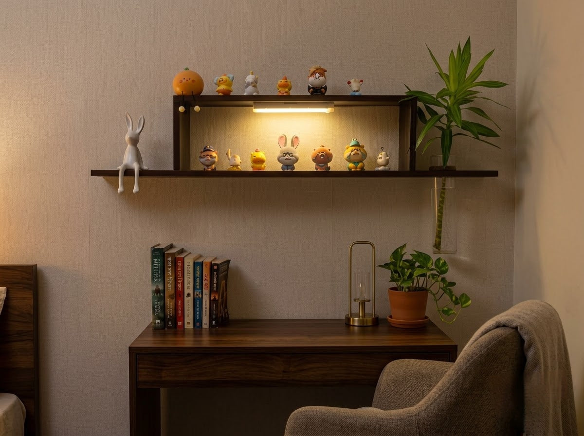 LED wall art wooden display shelf styled in a modern dining room