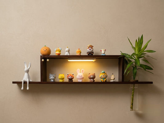 LED wall art wooden shelf showing included LED, glass vase and display components