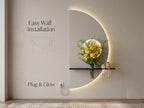 LED wall art crescent with textured finish, warm LED and wooden shelf