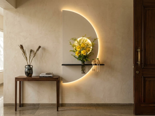 LED wall art crescent with textured finish, warm LED and wooden shelf