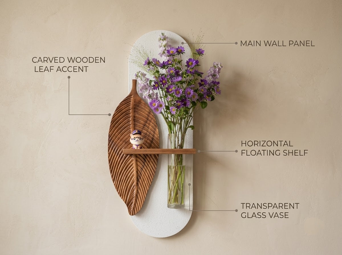 Wooden leaf wall art showing carved wood texture, oval panel and glass vase