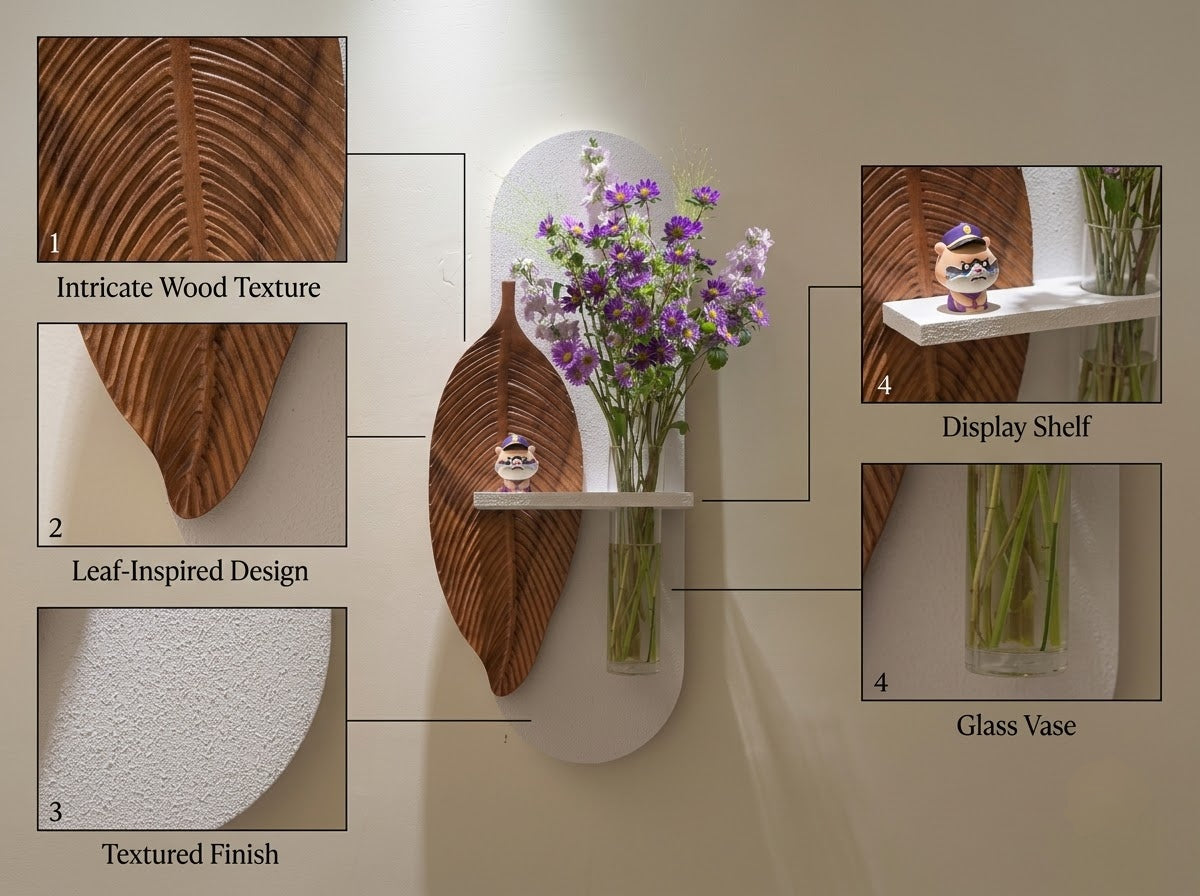 Modern wooden leaf wall art styled in a neutral living room