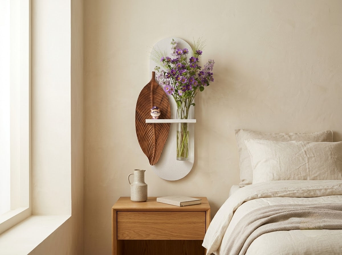 Wooden leaf wall art displayed on a modern hallway wall