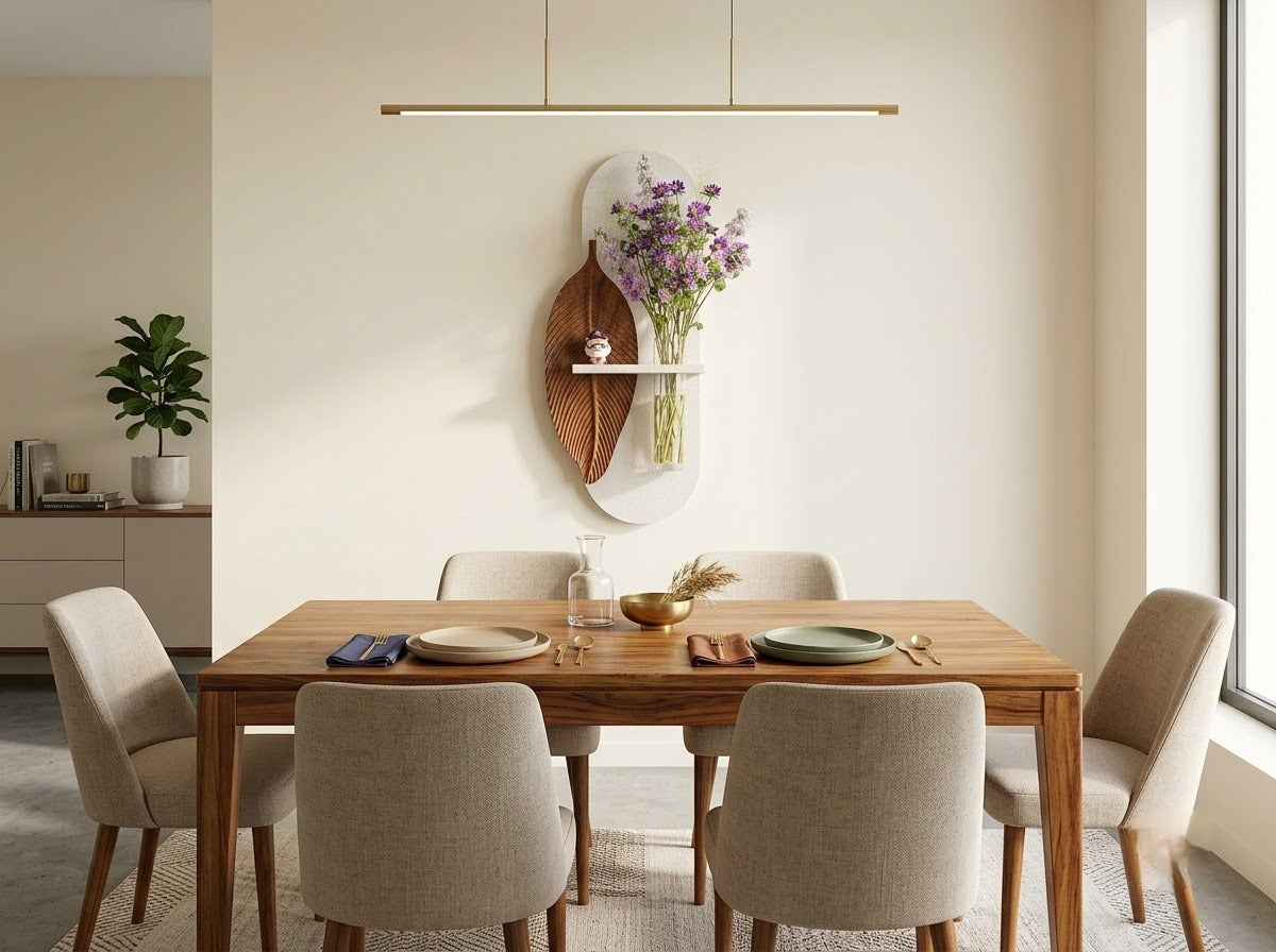 Wooden leaf wall art with glass vase styled in a modern bedroom