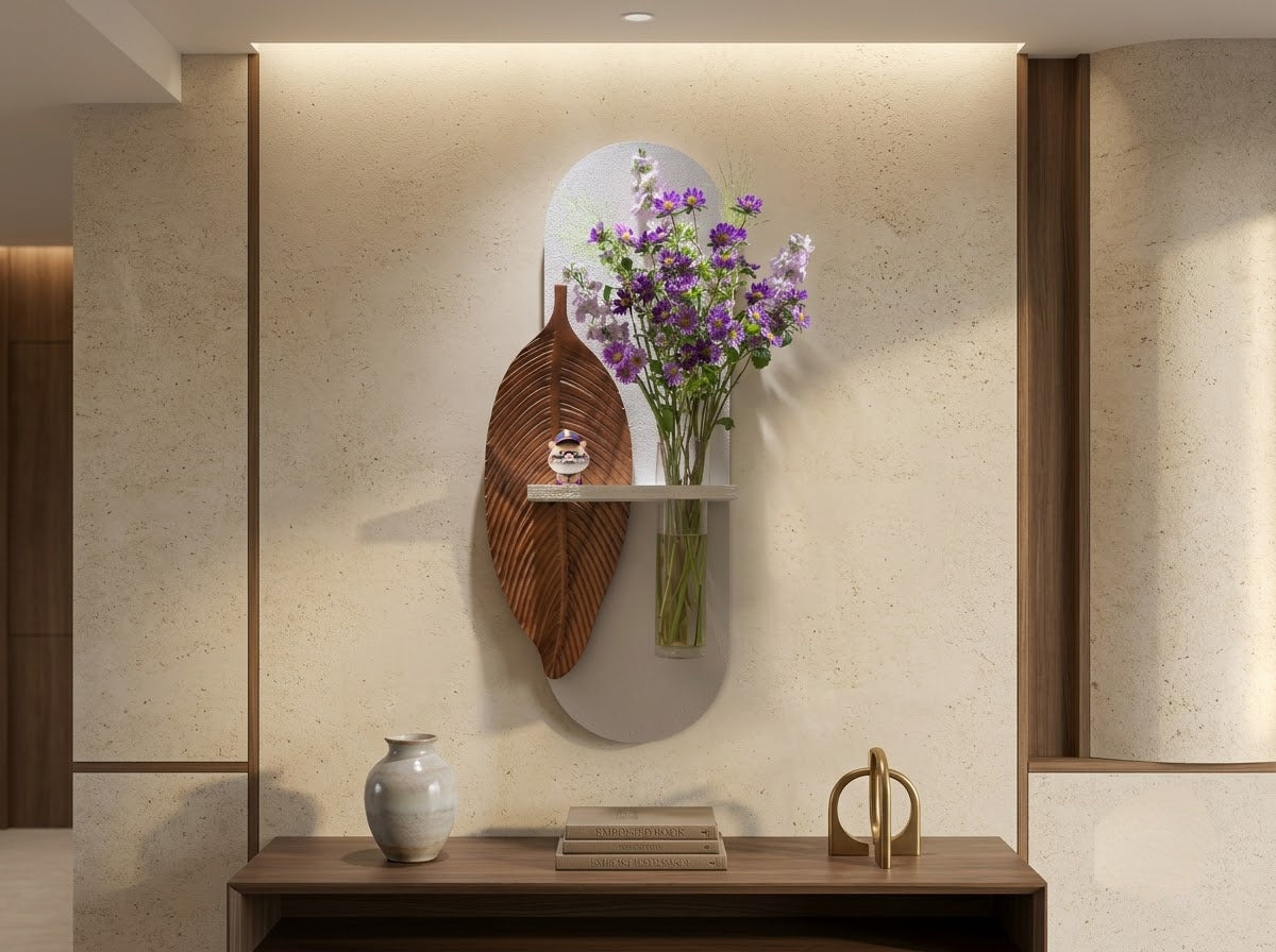 Modern wooden leaf wall art with oval panel, floating shelf and glass vase