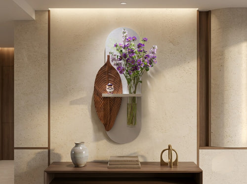Modern wooden leaf wall art with oval panel, floating shelf and glass vase