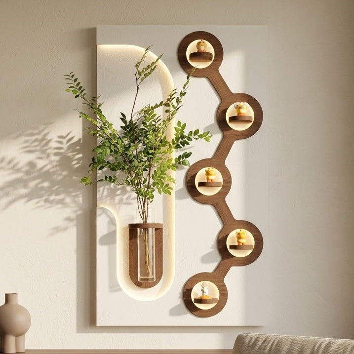 LED wall art with circular accent lighting and glass vase