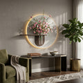 Circular wooden LED wall decor with shelf for living room