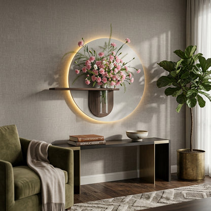 Circular wooden LED wall decor with shelf for living room
