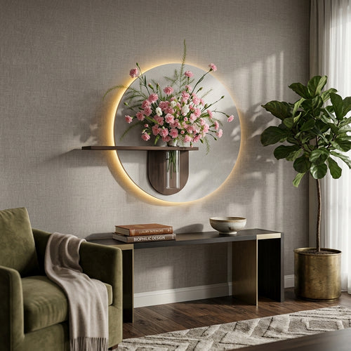 Circular wooden LED wall decor with shelf for living room