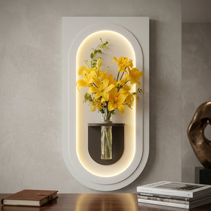 LED wall art arch lamp above wooden console in modern living room – warm glow ambient decor India