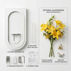 LED wall art arch lamp complete box contents – panel, glass vase, walnut shelf, hardware kit, power adapter