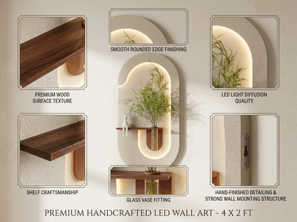 A product feature collage for a premium handcrafted LED wall art piece. The central image shows the illuminated arch-shaped wall lamp with a built-in shelf holding a glass vase with green branches.