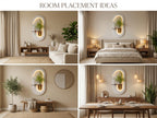 A four-panel collage titled 'ROOM PLACEMENT IDEAS' showing the same wall-mounted oval mirror with warm light and gold-toned plant holder styled in living room, bedroom, bench-and-ottoman setting, and dining room contexts.