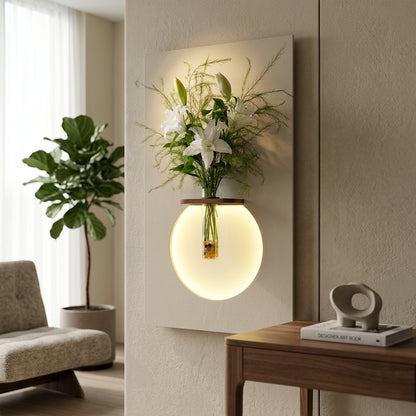 LED wall art globe flower vase lamp mounted in modern living room – warm ambient glow India