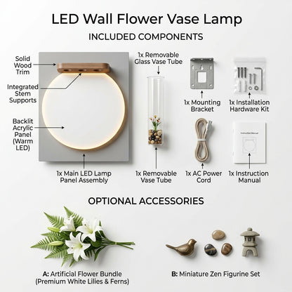 LED wall art flower vase lamp size guide – 91 cm tall x 46 cm wide, warm LED ring light and glass vase