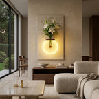 LED wall decor close-up – warm 3000K globe ring light illuminating glass flower vase from below