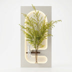Arch LED wall art with wooden shelf and glass vase in modern living room – Radha Wood