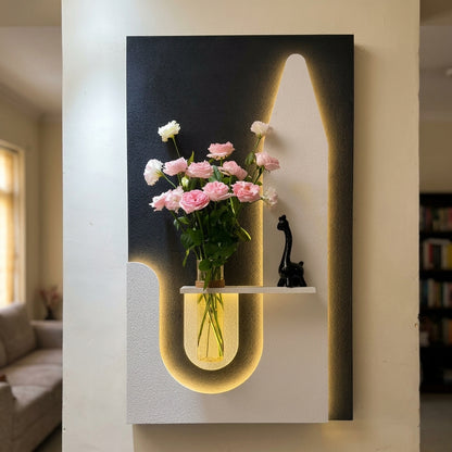 Designer LED Wooden Wall Panel with Shelf | Radha Wood