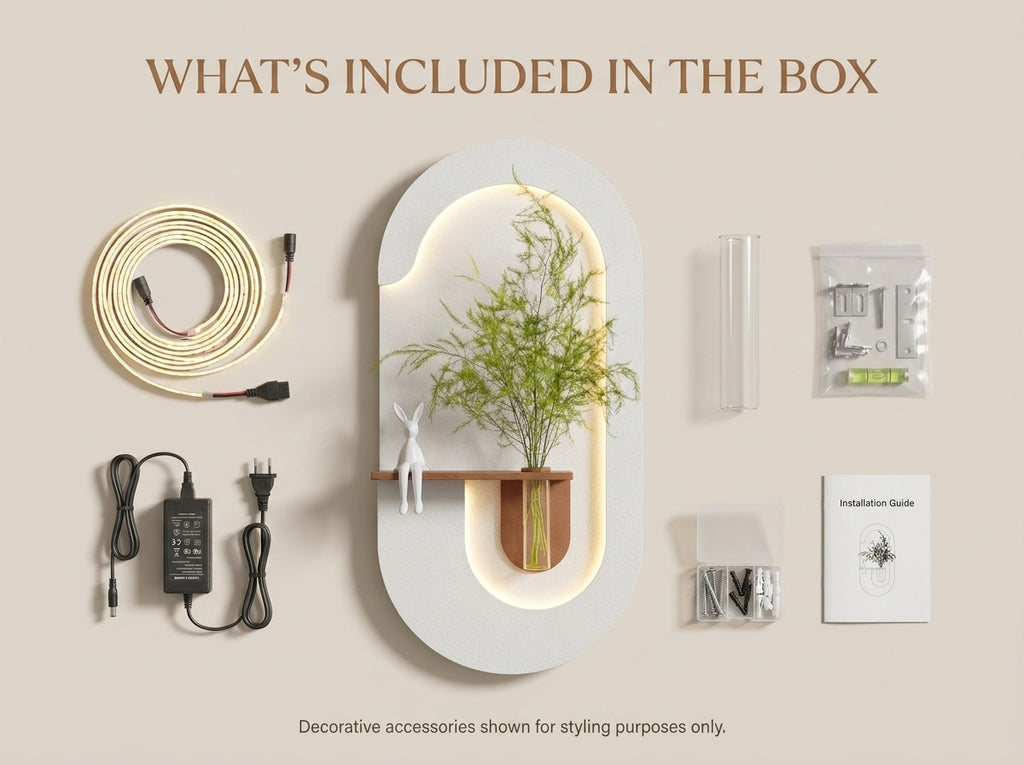 Product flat lay showing a modern oval wall-mounted shelf or decor unit with built-in LED lighting, a small wooden shelf, and a potted bamboo plant, alongside included accessories: a coiled cable, power adapter, clear tubes, hardware, and a small instruction booklet. Text at the top reads 'WHAT'S INCLUDED IN THE BOX' on a warm beige background.