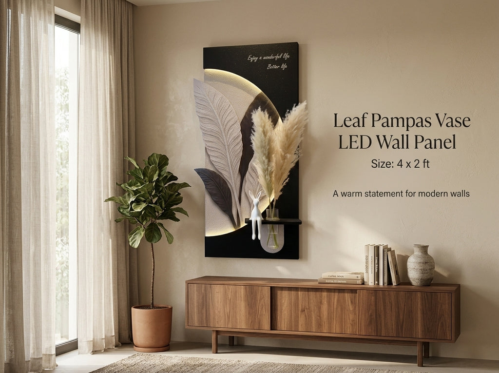 LED wall art Leaf Pampas Vase Panel above console table