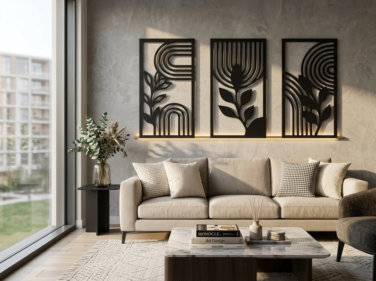 Abstract Botanical Wall Art Set of 3 | Metal Triptych | Radha Wood