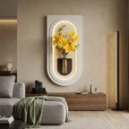 Close-up of LED arch wall lamp showing walnut wood shelf and removable glass tube vase with yellow flowers